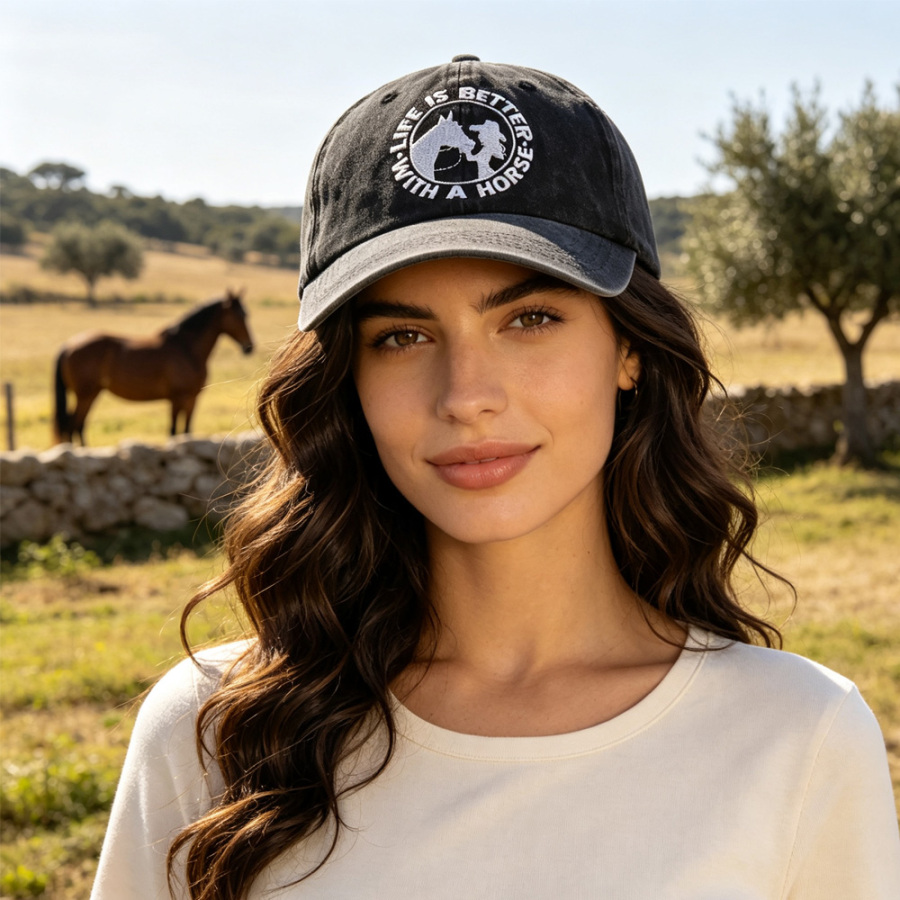 Life Is Better With A Horse Vintage Washed Baseball Cap, Western Cowgirl Embroidered Hat For Women Horse Lovers