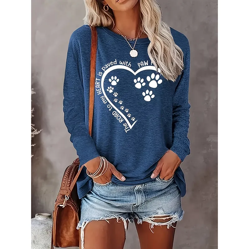 Dog Paw Love Heart Print T-Shirt For Women Long Sleeve Dog Mom Graphic Tees Tops Crewneck Shirts - Blue