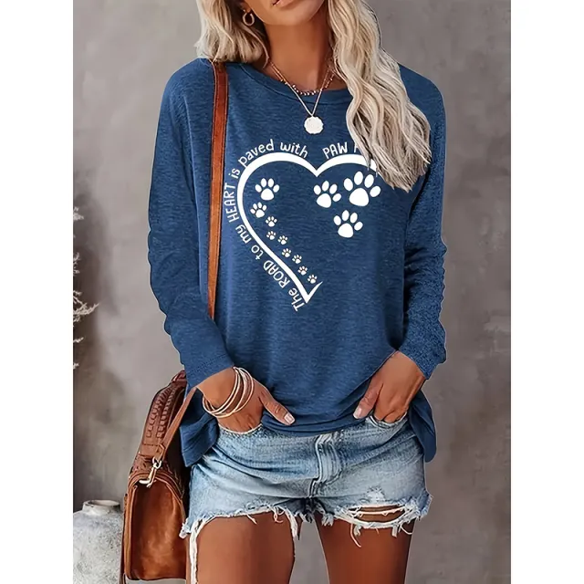 Dog Paw Love Heart Print T Shirt For Women Long Sleeve Dog Mom Graphic Tees Tops Crewneck Shirts Blue - Shop at LoveMi