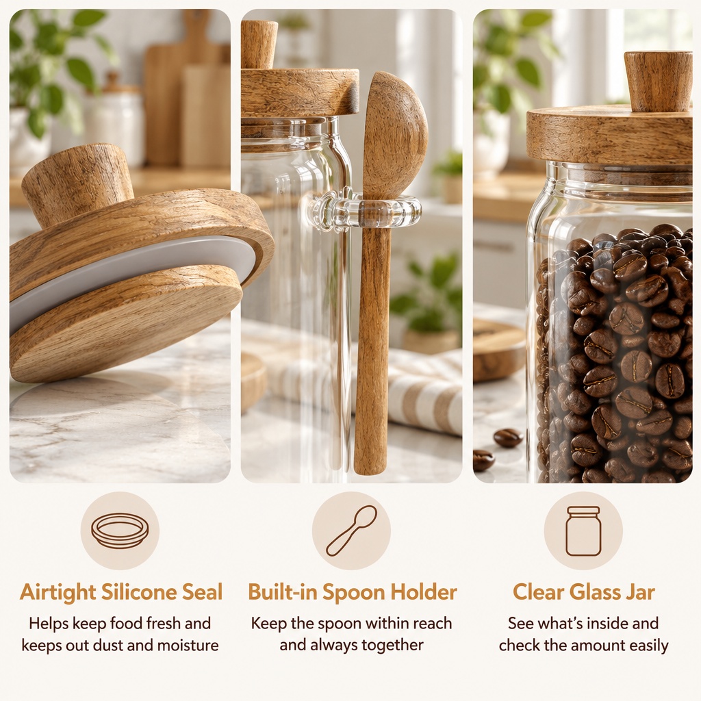 Glass Storage Jar With Acacia Wood Lid And Spoon, Airtight