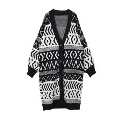 Black Geometry Over Knee Sweater Cardigan - Black - View 1