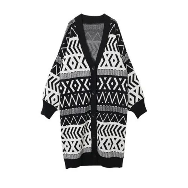 Black Geometry Over Knee Sweater Cardigan Black - Shop at LoveMi