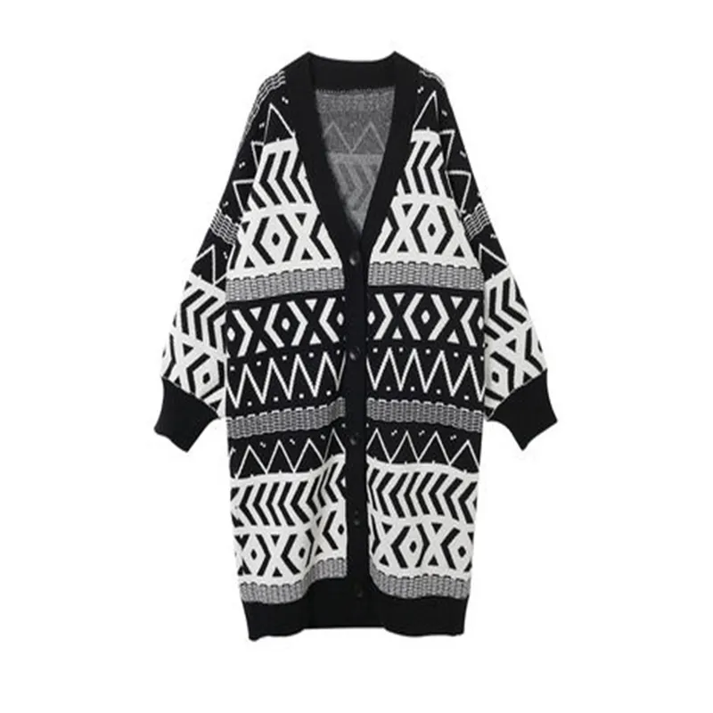 Black Geometry Over Knee Sweater Cardigan - Black