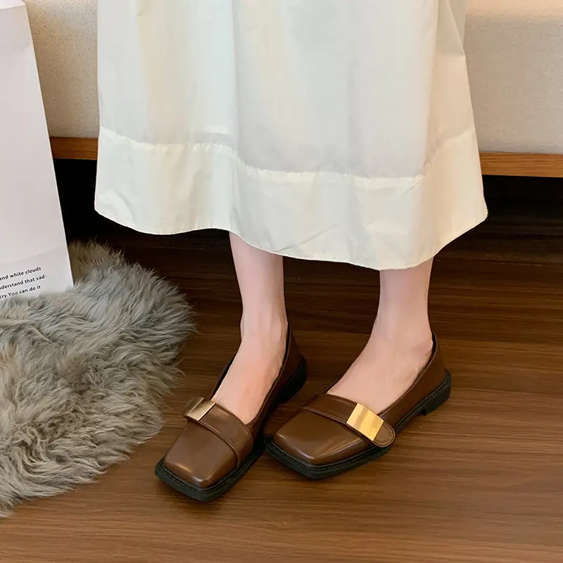 Women Minimalist Gold Metal Strap Square Toe Flat Loafers, Slip On Soft Sole Office Daily Wear Casual Dress Flats