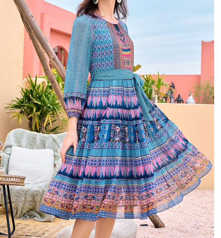 A New Holiday Print Dress With A Belted Waist