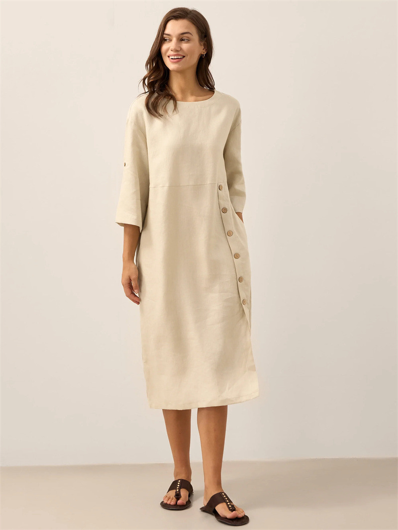 Round Neck  Sleeve Side Slit Button Linen Cotton Blend Midi Dress