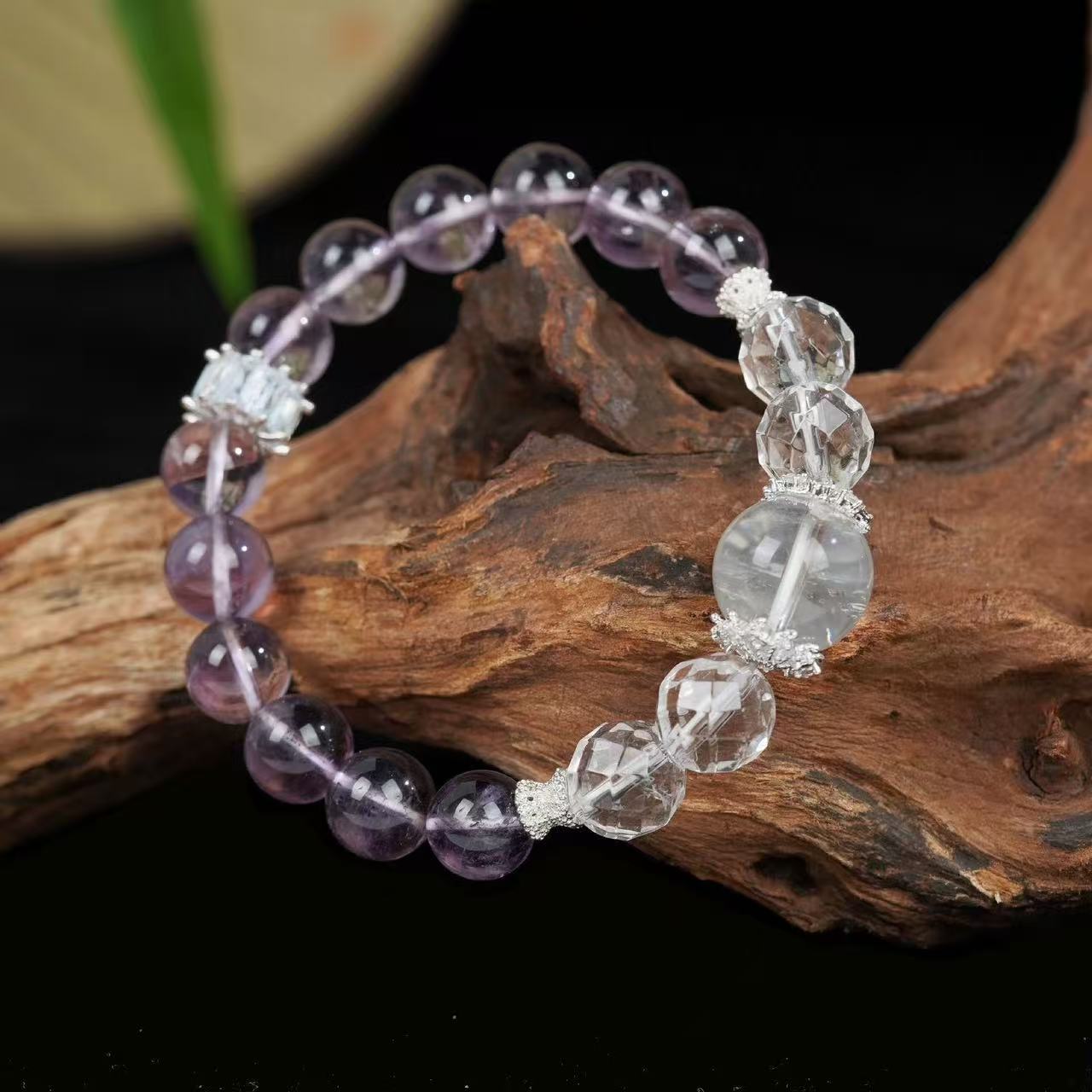 Natural Amethyst  Clear Quartz Bracelet Faceted Bead Two Tone Chain Energy Jewelry For Women