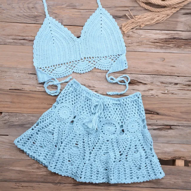 Fashionable Modern Hand woven Beach Vacation Strappy Bikini Split Swimsuit Outfit Blue - Shop at LoveMi