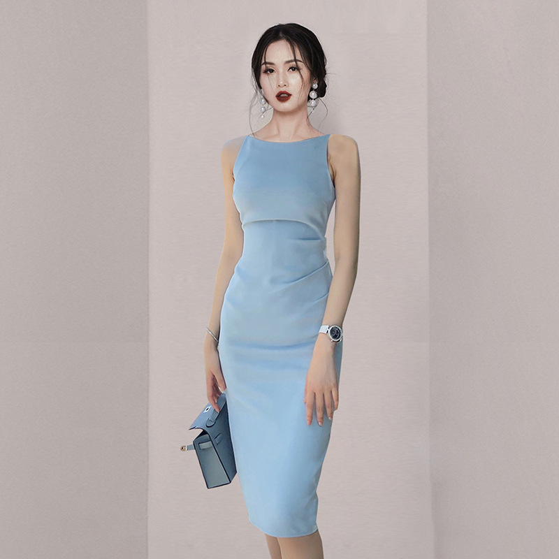 Temperament Word Collar Folds Slim Slimming Hip Suspender Skirt