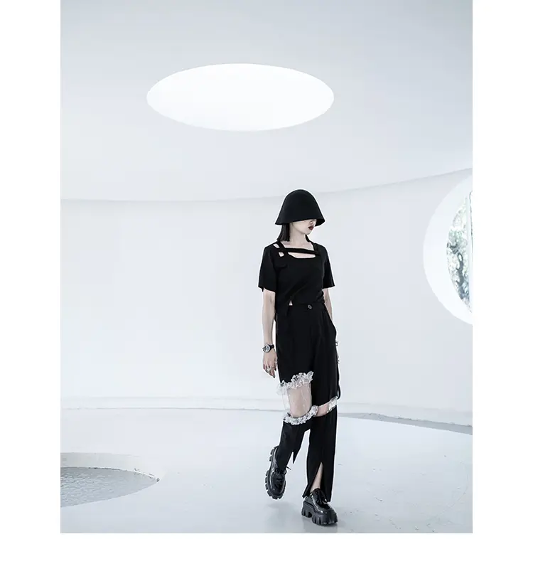 Lace Stitching Straight Women's Summer High Waist Slit Wide Leg Pants