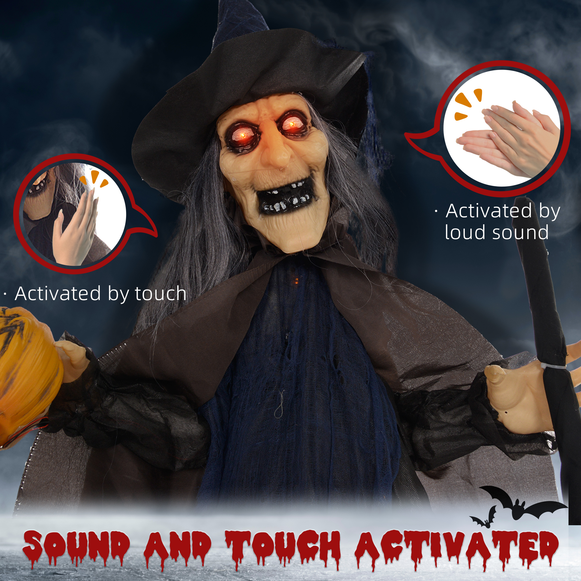 Witch 62, riding a broom, halloween electric doll, eyes