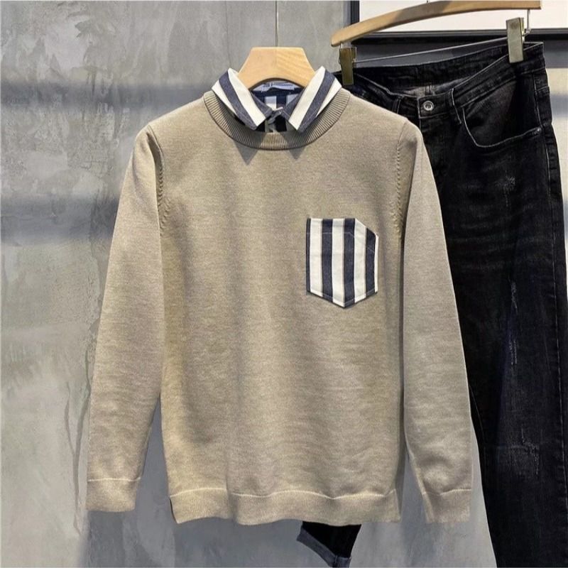 Patch Shirt Collar Splicing Fake Two Pieces Men's Casual