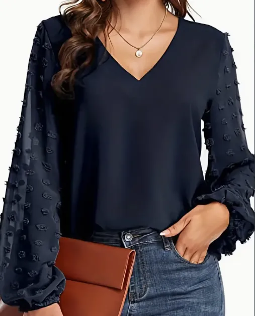Swiss Dot V Neck Shirt Soft, Breathable, Casual Solid Shirt For Spring And Fall Season, Women's Clothing With Relaxed Fit And Classic Style Nav... Navy Blue - Shop at LoveMi