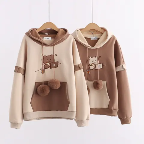 Hooded Bear Embroidery Plus Velvet Sweater Loose and Thin
