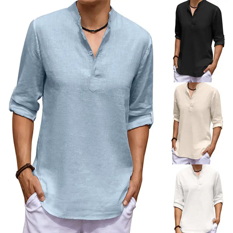 Men's Cotton Linen Casual Stand Collar Solid Color Long Sleeve Shirt