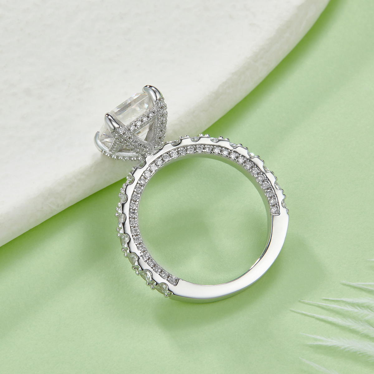 S925 Sterling Silver 4ct Emerald Cut Moissanite Ring, D-VVS1 Pave Band, Platinum Plated US Sizes 5-9, GRA Certified Jewelry Gift Box 2