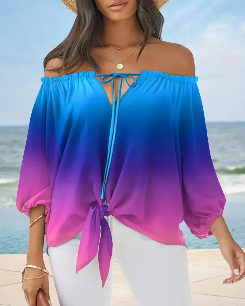 Sexy Off Shoulder Printed Chiffon Shirt Women Fashion Tied Detail Long Sleeve Pullover Tops Street Vintage Lady Blouse - Purple Blue