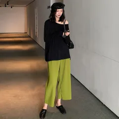 Pregnant Women Belly Pleated High Waist Wide Leg Pants Cropped Pants Straight Pants - Green - View 1
