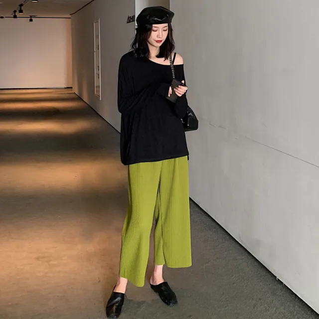 Pregnant Women Belly Pleated High Waist Wide Leg Pants Cropped Pants Straight Pants Green - Shop at LoveMi