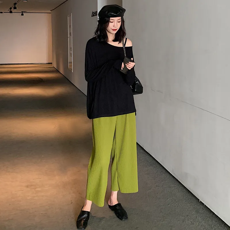 Pregnant Women Belly Pleated High Waist Wide Leg Pants Cropped Pants Straight Pants - Green