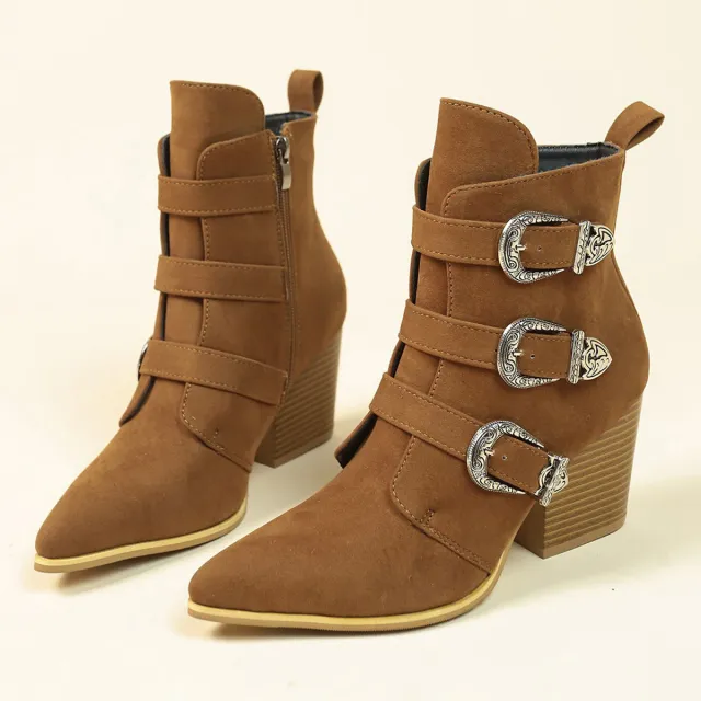 Chunky Heel Pointed Toe Boots With Belt Buckle Design Retro Mid calf Boot Fashion Fall Winter Shoes For Women Brown - Shop at LoveMi