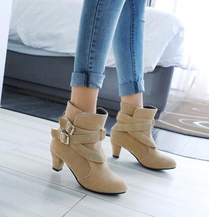 Winter Autumn Leather Casual Women High Heels Pumps Warm Ankle Boots Beige - Shop at LoveMi