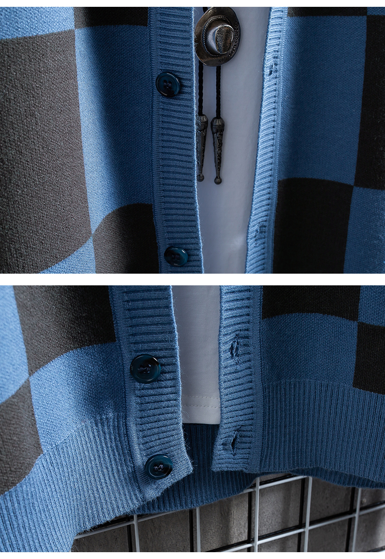 Plaid Men's Knitted Sweater Cardigan Outer Wear Spring And Autumn Coat