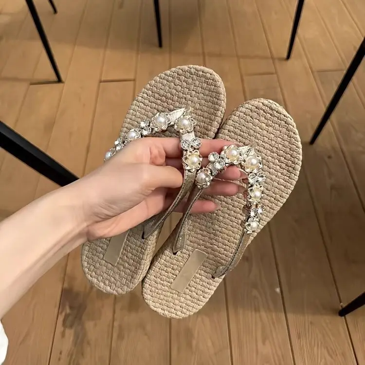 French Style Pearl Rhinestone Thong Slippers