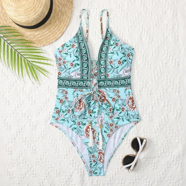 Deep V Tie One Piece Swimsuit Cashew Flower Print Triangle Green - Shop at LoveMi