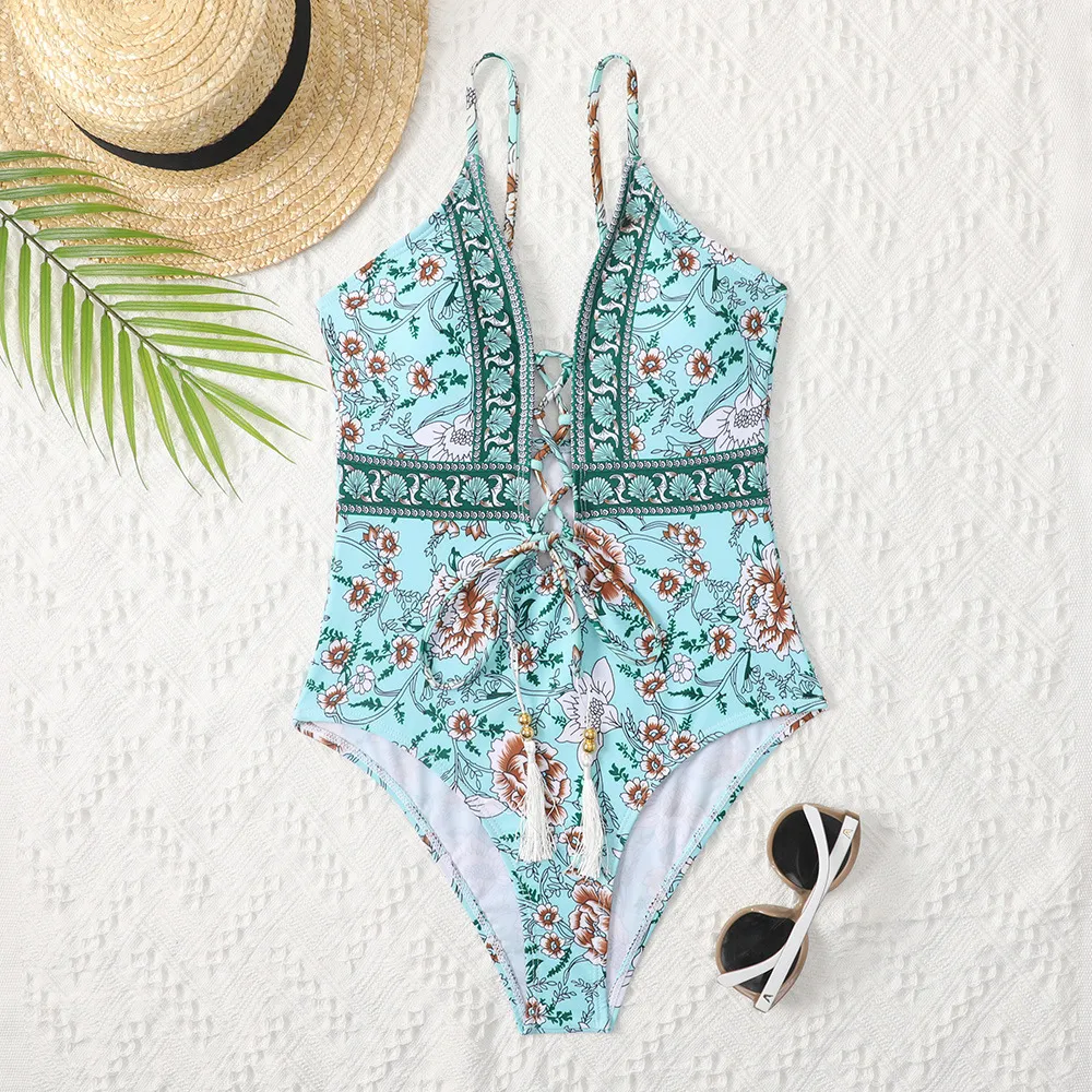 Deep V Tie One Piece Swimsuit Cashew Flower Print Triangle - Green