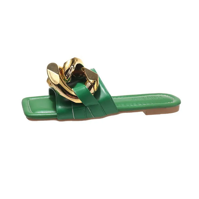 Flat-bottomed Candy Color Metal Chain Sandals - Green