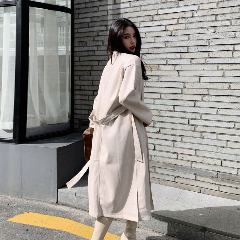 Fashion Ladies Slim Leather Over-the-knee Coat