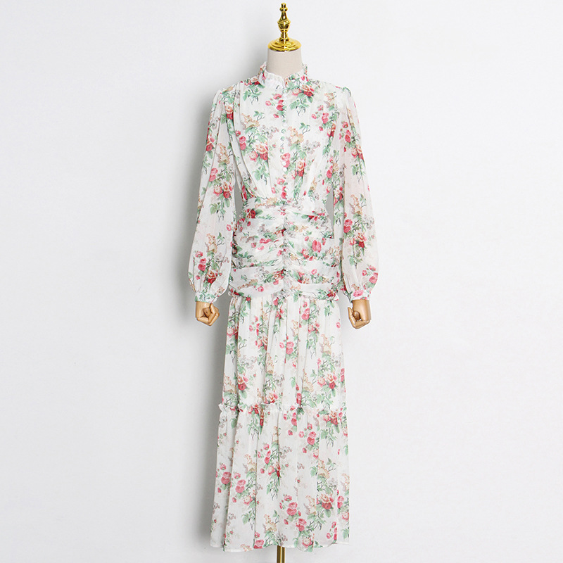 Floral Stand-Collar Pleated Shirt Dress — product details and sizing image 4