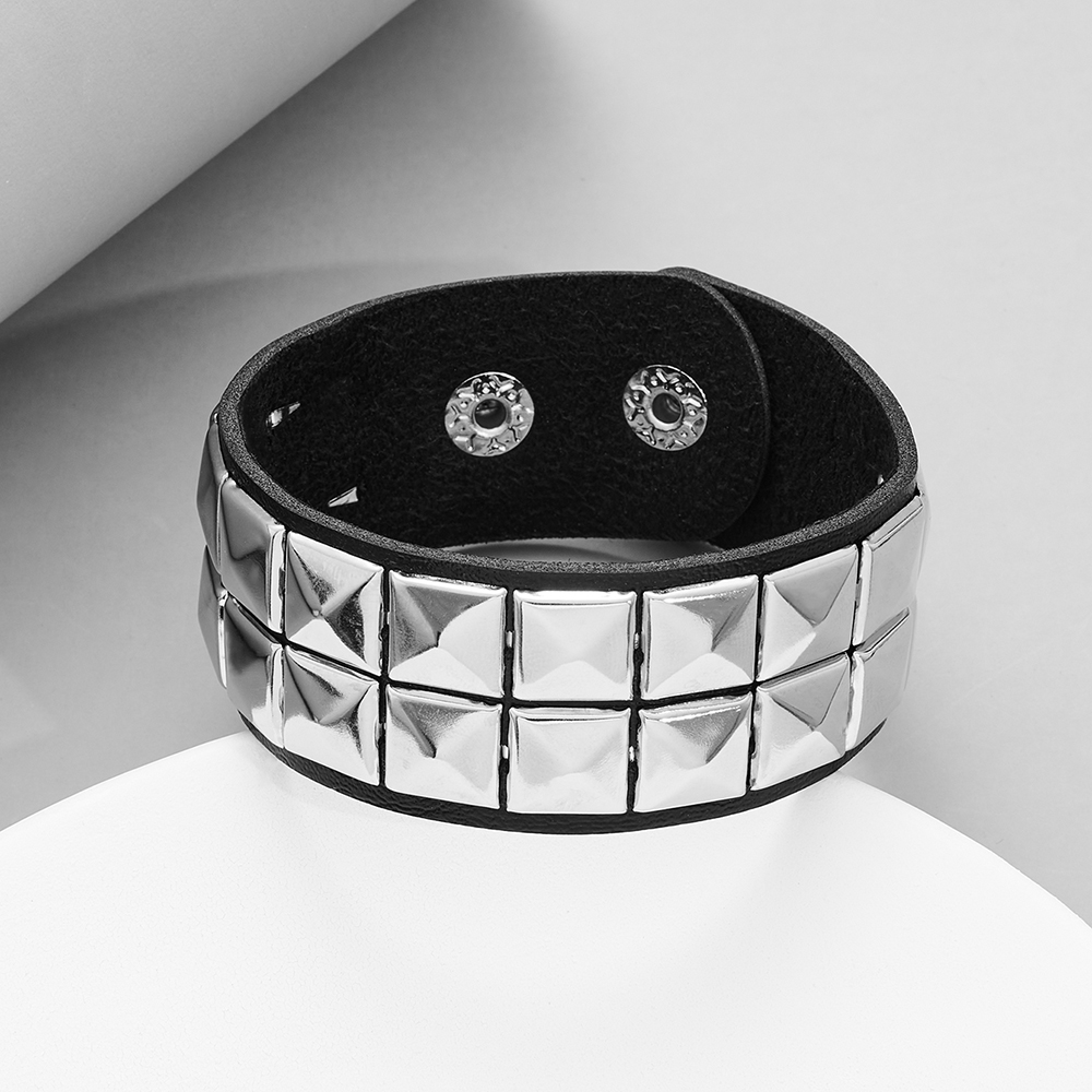 Row Cuspidal Spikes Rivet Stud Wide Cuff Leather Punk Gothic Rock Unisex Bangle Bracelet - Jewelry & Watches