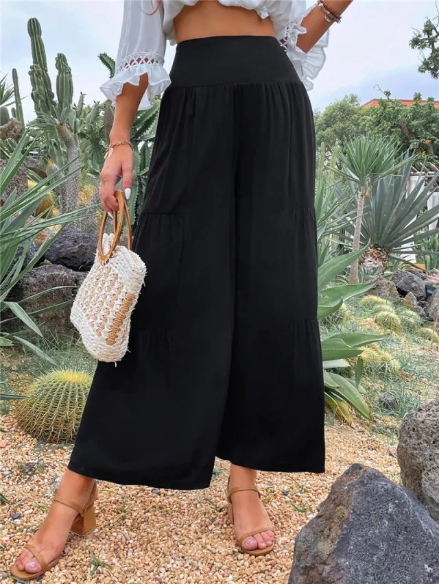 Casual Wide Leg Cotton Linen High Waist Loose Pants Ladies Black - Shop at LoveMi