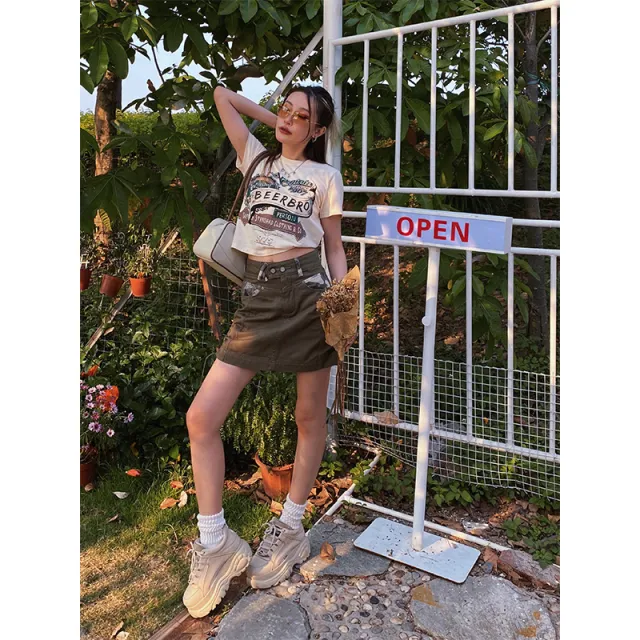 American Retro Short T shirt Women's Short Sleeve Cream Apricot - Shop at LoveMi