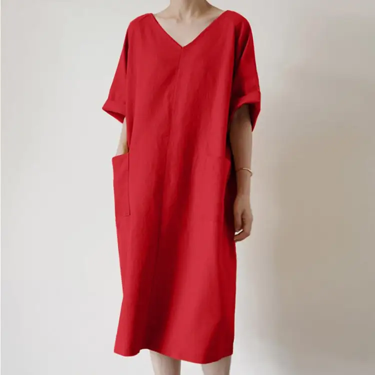Retro Dress Women's Cotton Casual Solid Color Long