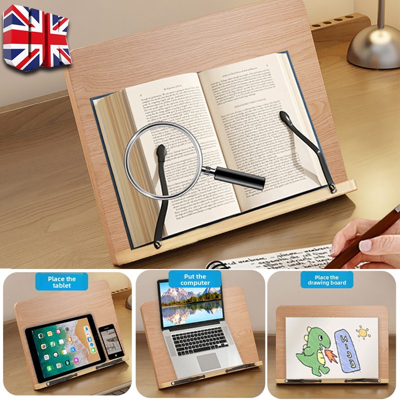 Adjustable Book Stand Wooden Reading Rest, Recipe Cookbook Holder Clip — image 7