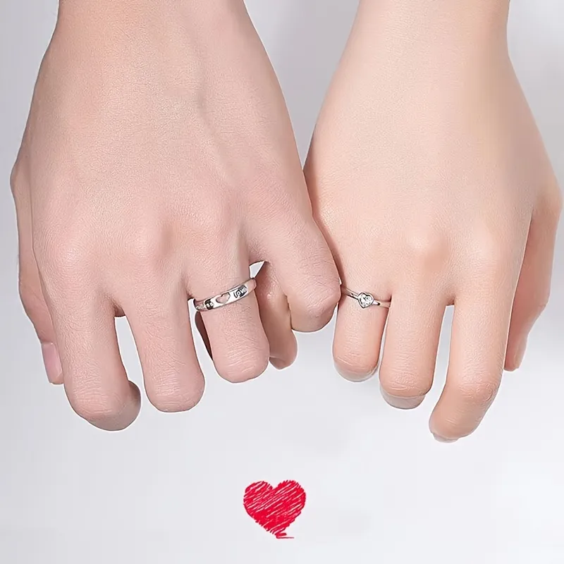 2PC Adjustable Heart Couple Rings, Classic Silver Letter Design, Perfect Valentine's Day Gift For Him & Her