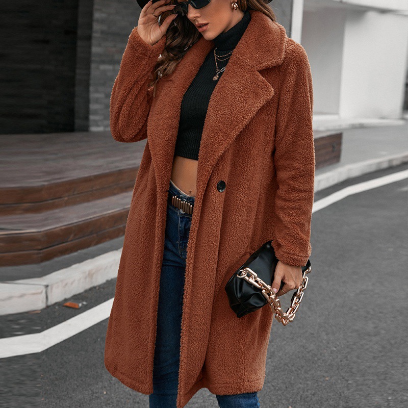 Single breasted Mid plush Trench Coat Loose collar Lambswool Coat Caramel - Shop at LoveMi