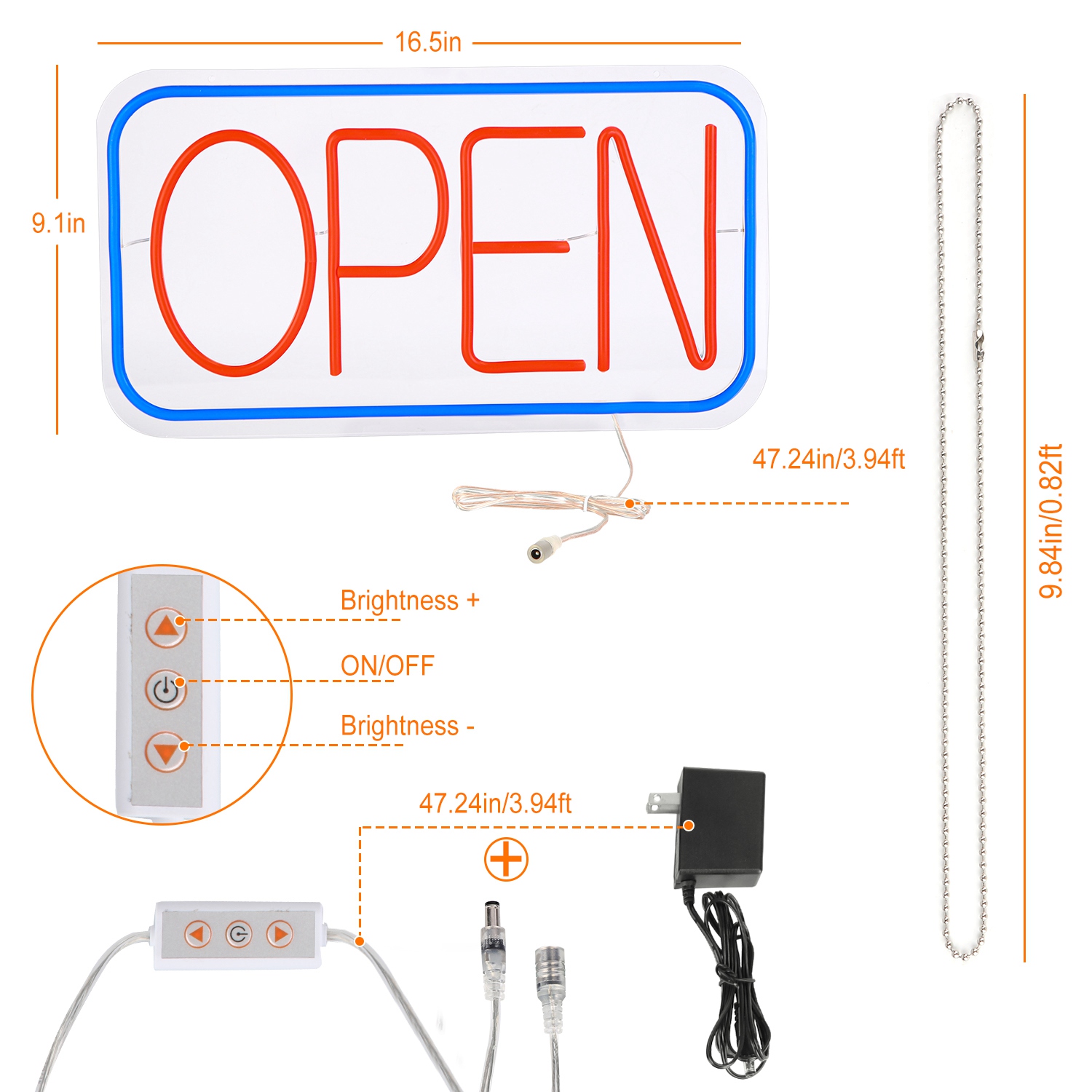 1Pc LED Open Sign 16.5x9.1in Business Neon Open Sign Advertisement Board With 11 Levels Adjustable Brightness