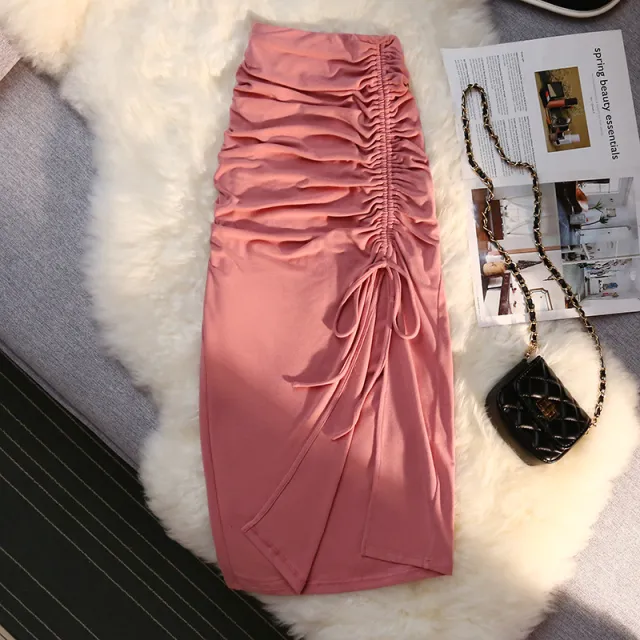 Women's Side Slit Pleated Hip Midi Skirt Pink - Shop at LoveMi