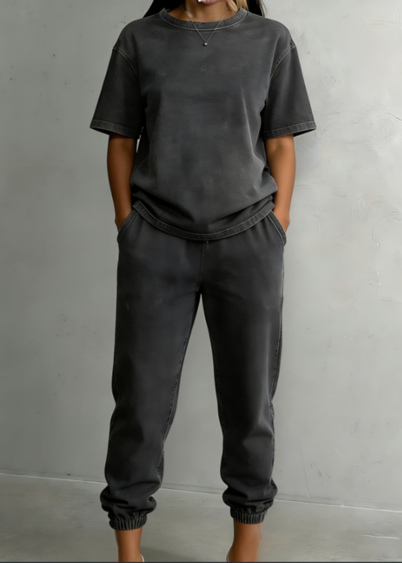 Washed Cotton Short Sleeved Leg Binding Casual Two-piece Set