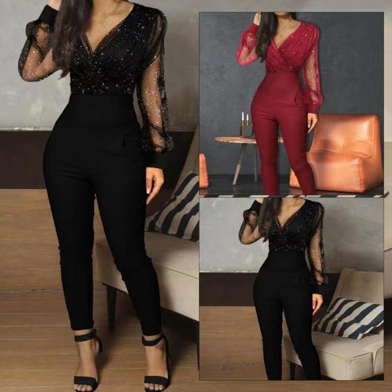 Women's Solid Color And V-neck Mesh Slim Fit Long-sleeved One-piece Trousers
