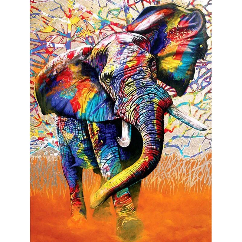 Living Room Decoration Painting Round Diamond Square Diamond - Colorful Elephant
