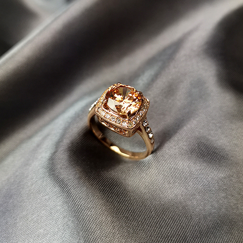 Fashion Women's Square Gemstone Citrine Zircon Ring