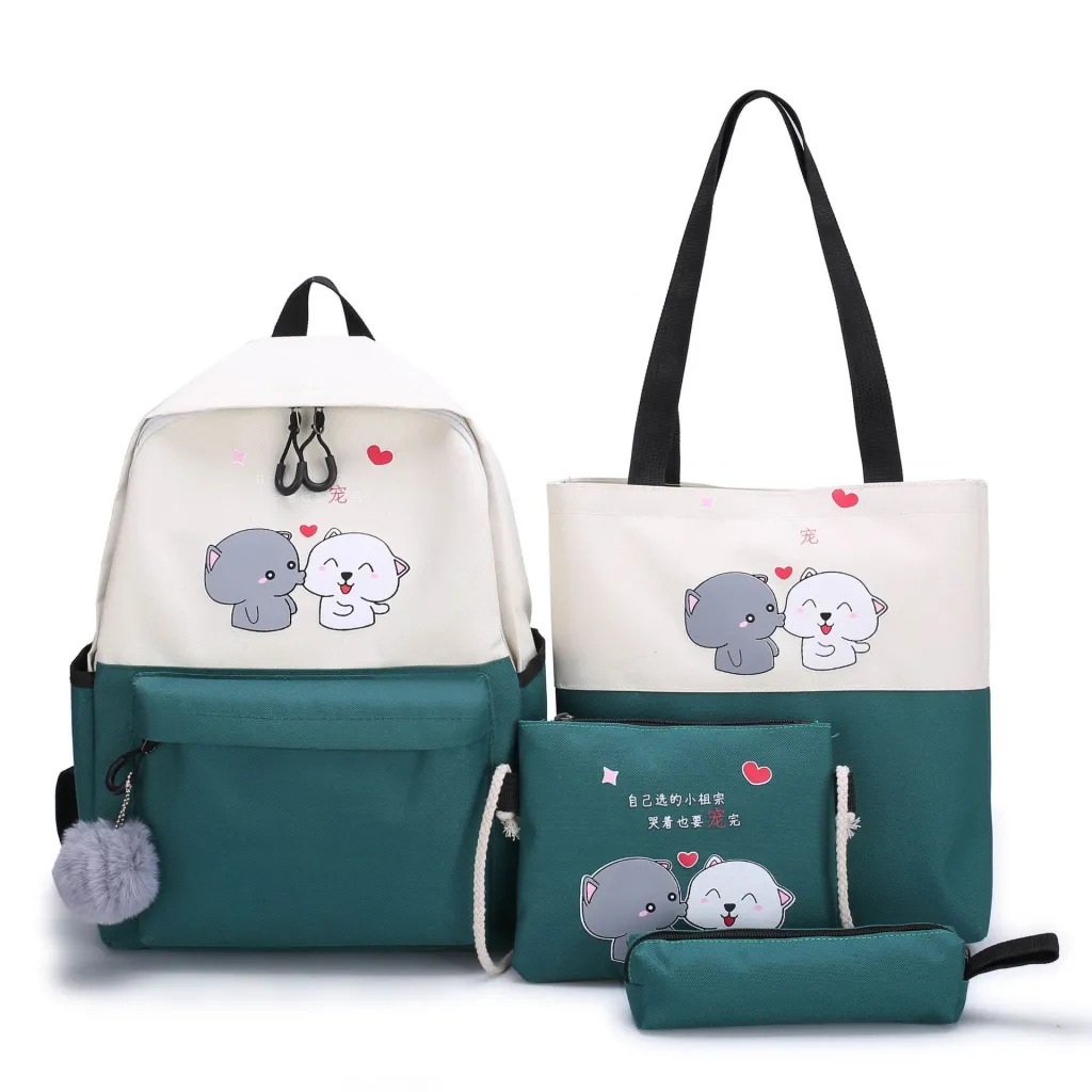 Four-piece Schoolbag For Elementary School Students Lightweight Campus Backpack - Green