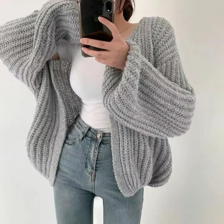 Balloon Sleeve Chunky Knit Cardigan
