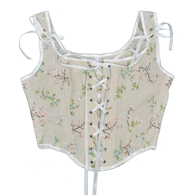 French Small Floral Strap Fishbone Corset Short Vest Beige - Shop at LoveMi