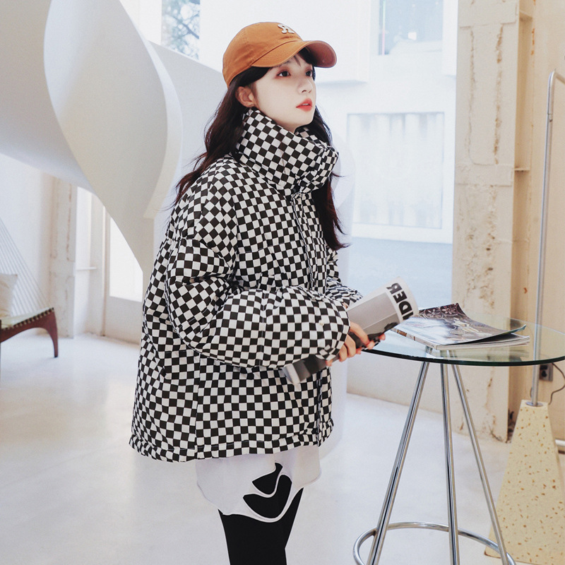 Thick Korean Black And White Plaid Stand Collar White Duck Down Jacket